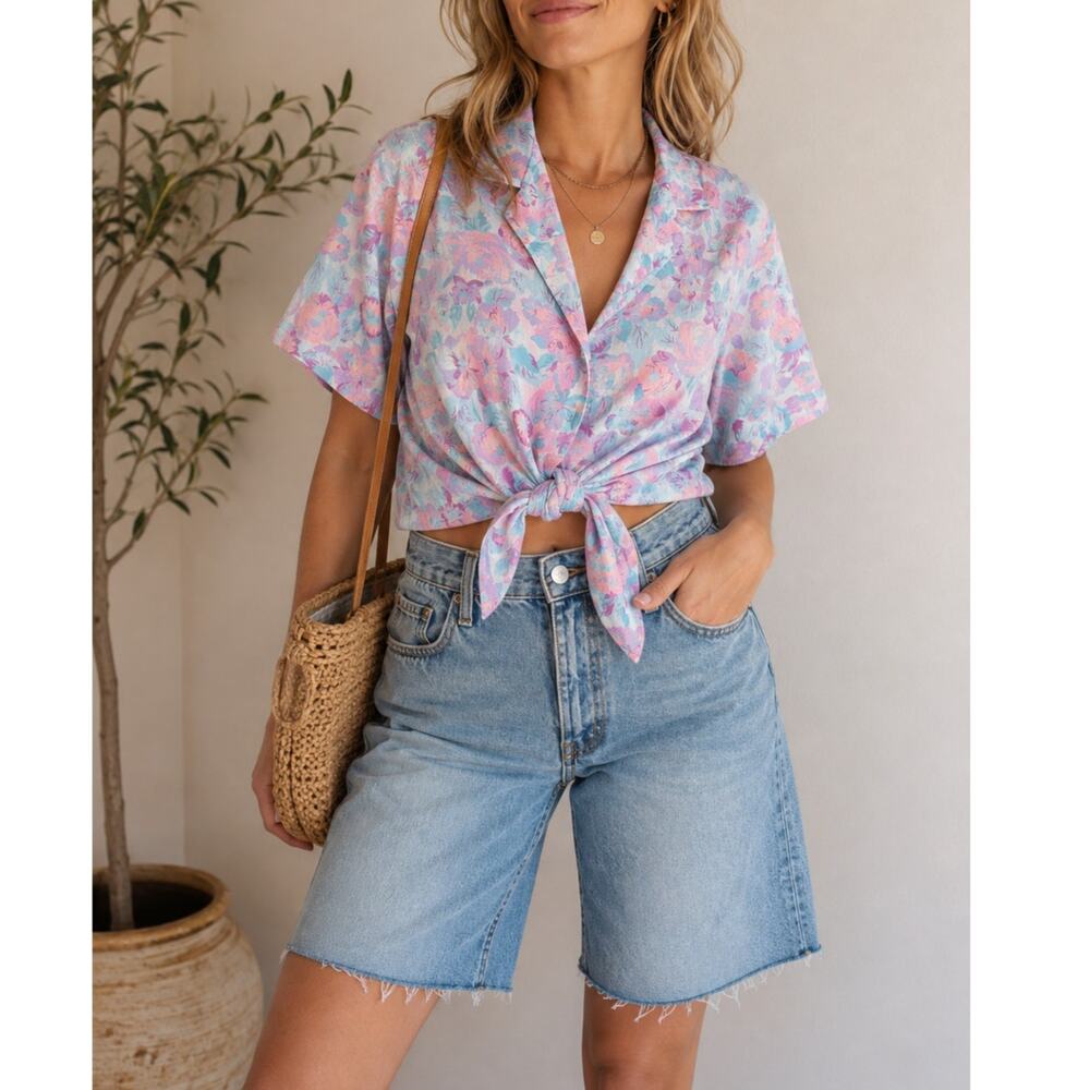 Vintage 90s Pastel Floral Linen Blend Camp Collar Button Front Blouse Large
